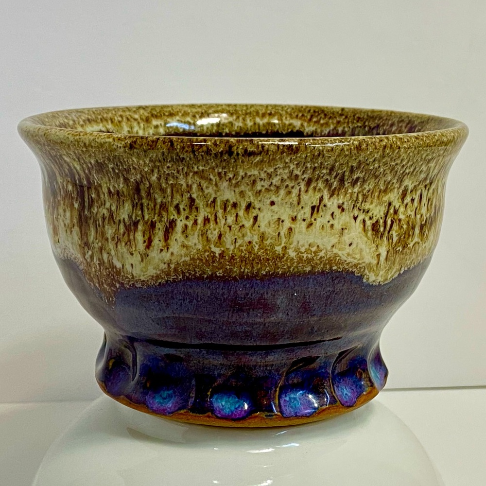 Vtg Studio Art Pottery Purple Blue Brown Drip Glaze Footed Planter Bowl Signed